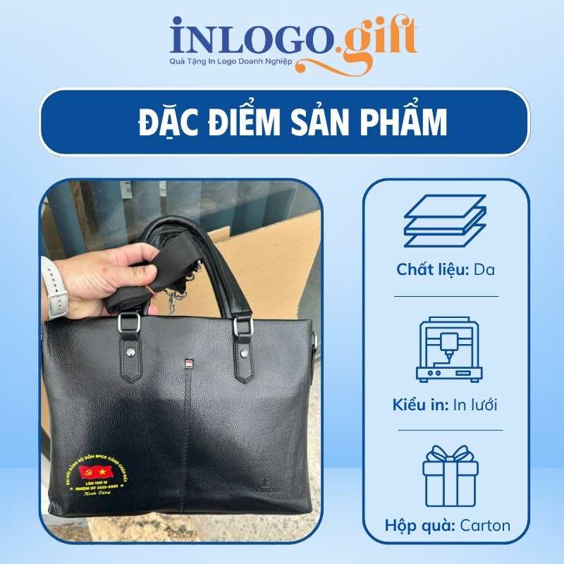 Cặp da in logo màu đen 38x6x28 cm