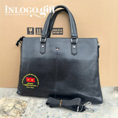 Cặp da in logo màu đen 38x6x28 cm