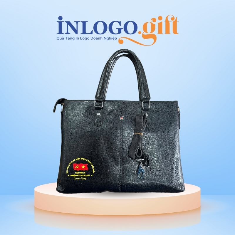 Cặp da in logo màu đen 38x6x28 cm