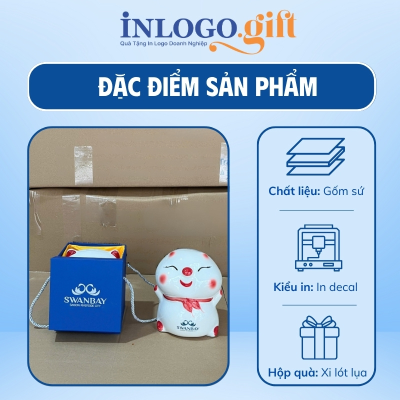 Heo đất gốm sứ in logo màu trắng bánh bao