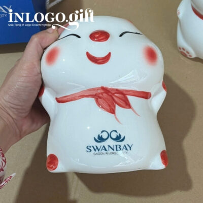Heo đất gốm sứ in logo màu trắng bánh bao