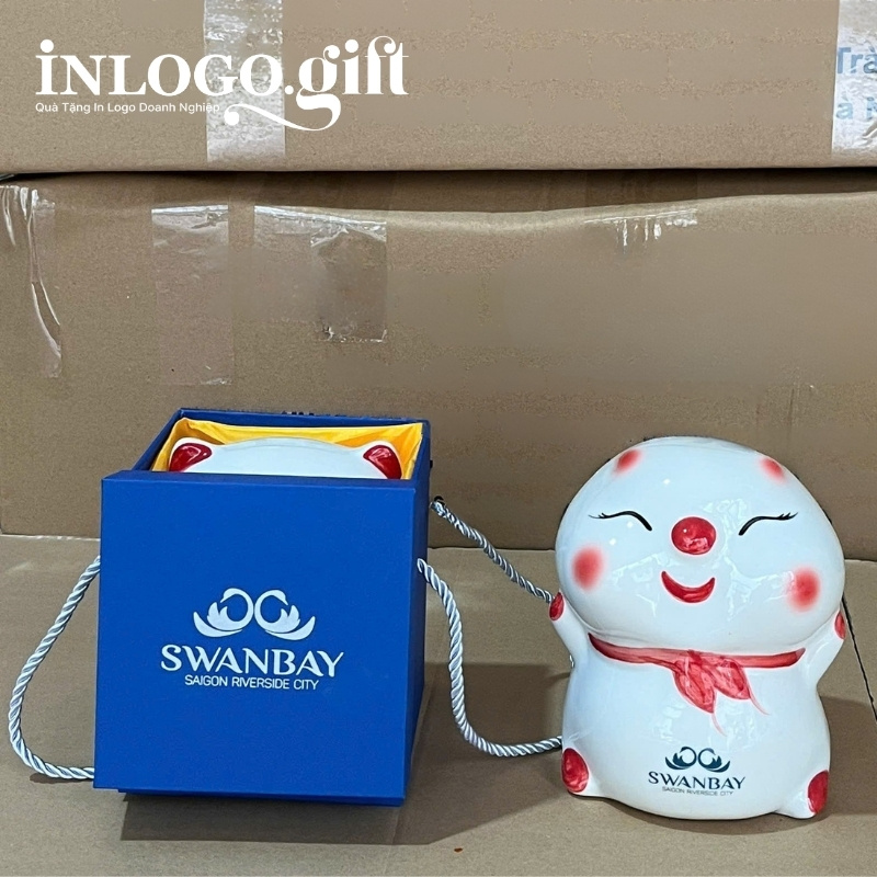 Heo đất gốm sứ in logo màu trắng bánh bao