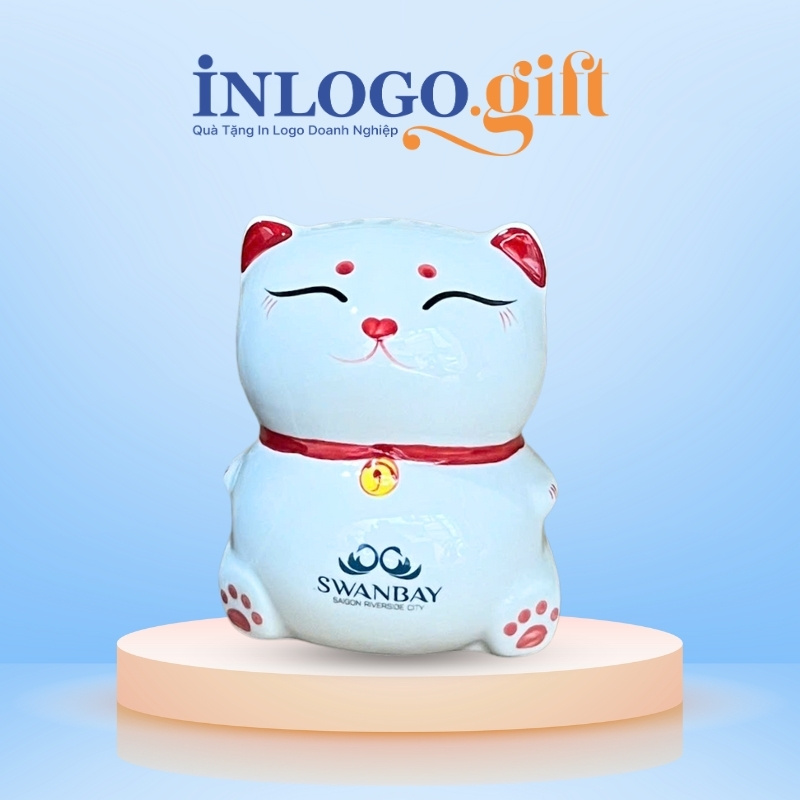 Heo đất in logo màu trắng hình mèo thần tài