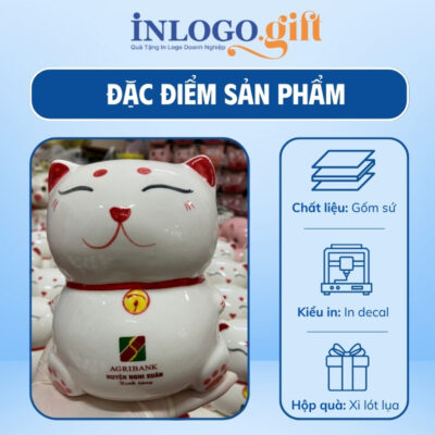 Heo đất in logo màu trắng hình mèo thần tài