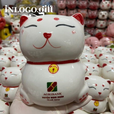 Heo đất in logo màu trắng hình mèo thần tài