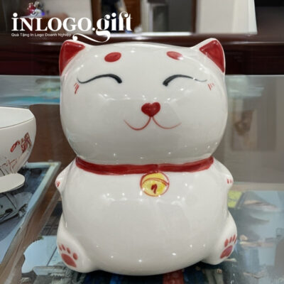 Heo đất in logo màu trắng hình mèo thần tài