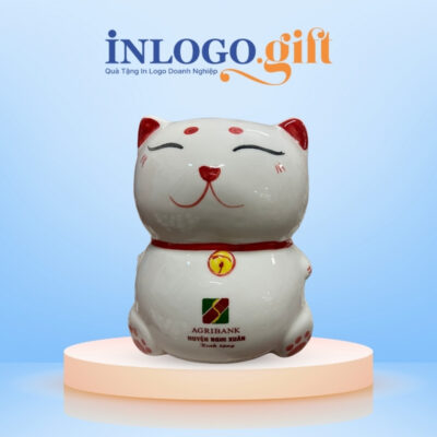 Heo đất in logo màu trắng hình mèo thần tài