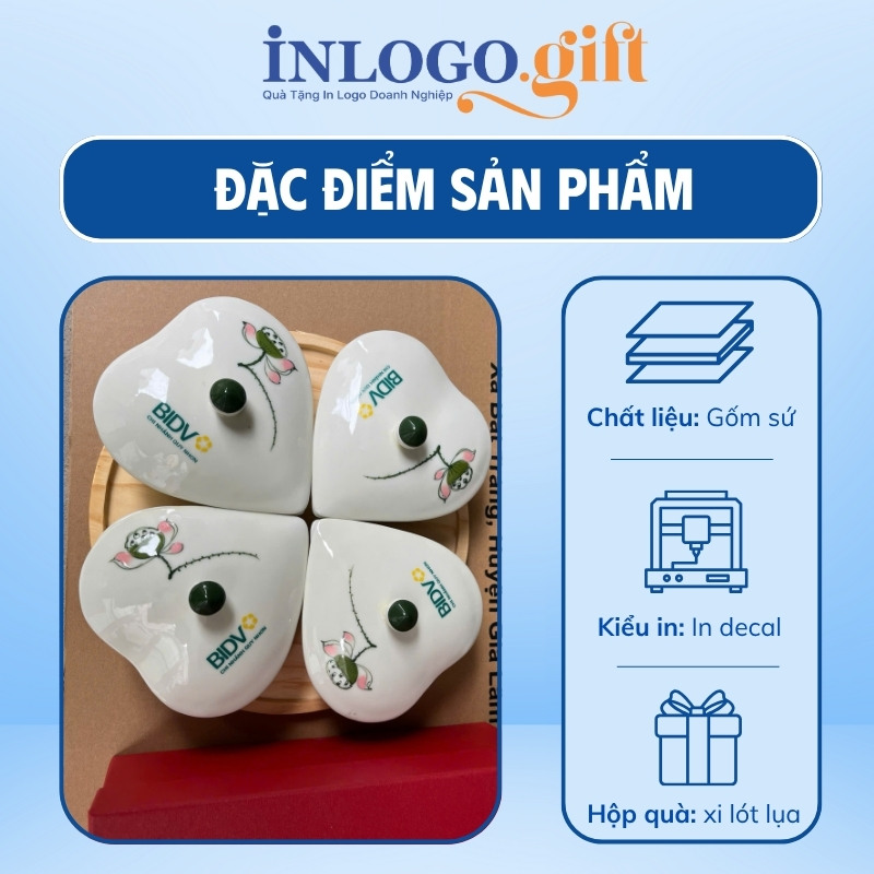 Khay mức in logo 4 món dáng tim họa tiết vẽ tay hoa sen KM-02