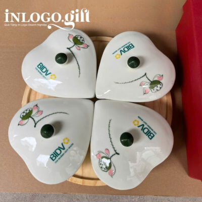 Khay mức in logo 4 món dáng tim họa tiết vẽ tay hoa sen KM-02