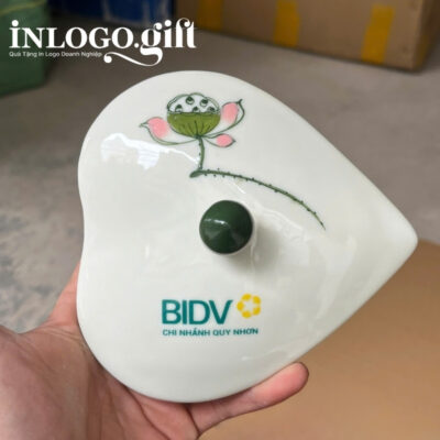 Khay mức in logo 4 món dáng tim họa tiết vẽ tay hoa sen KM-02