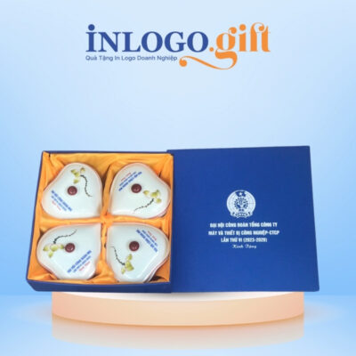 Khay mứt in logo 4 món dáng tim họa tiết vẽ tay hoa sen KM-04