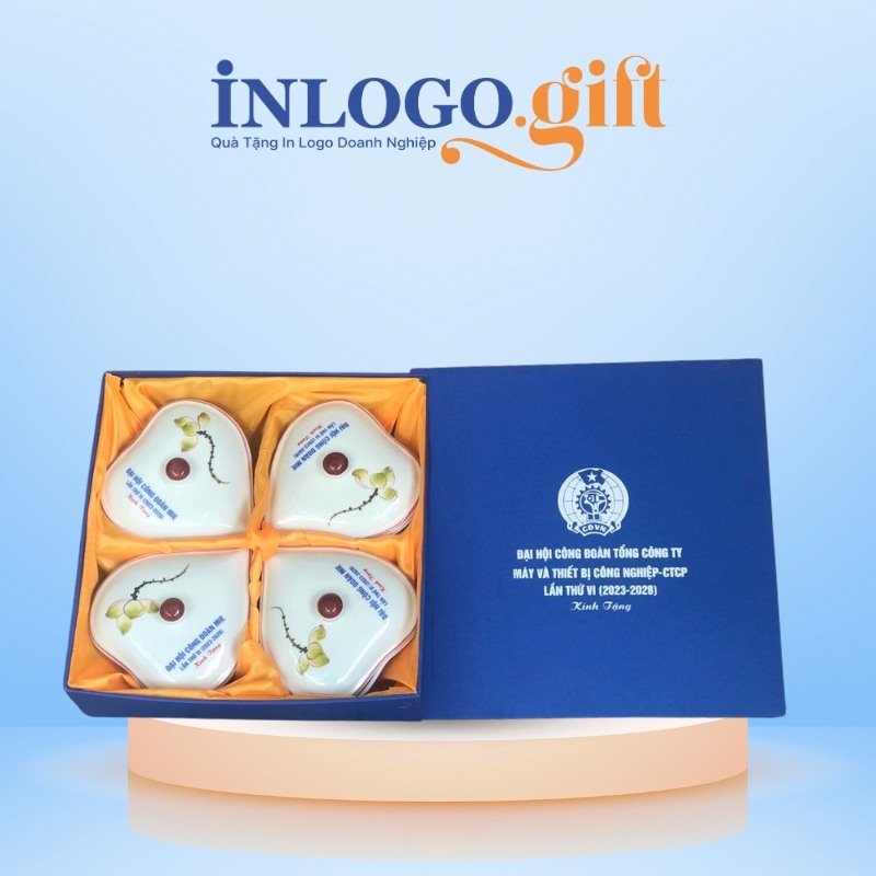 Khay mứt in logo 4 món dáng tim họa tiết vẽ tay hoa sen KM-04