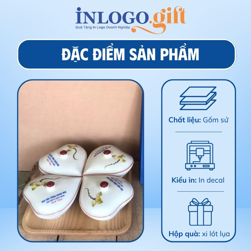 Khay mứt in logo 4 món dáng tim họa tiết vẽ tay hoa sen KM-04