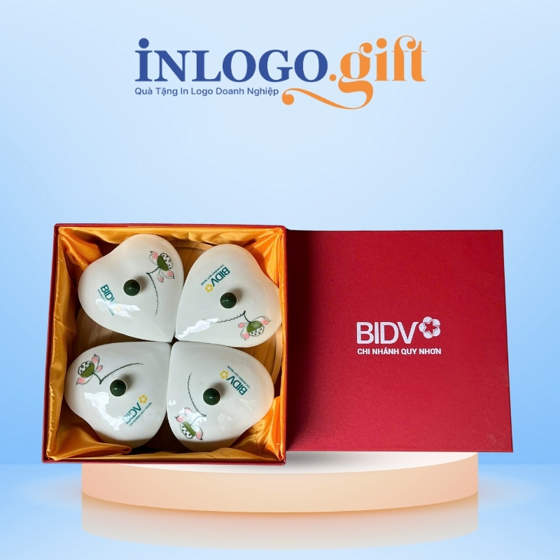 Khay mức in logo 4 món dáng tim họa tiết vẽ tay hoa sen KM-02