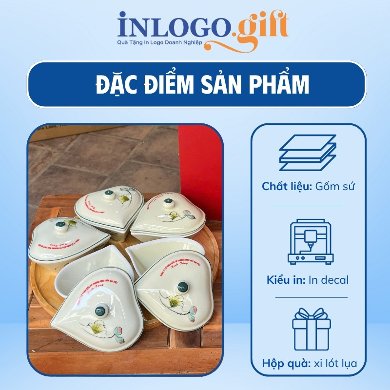Khay mứt in logo 5 món dáng tim họa tiết vẽ tay hoa sen KM-01