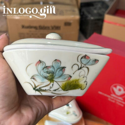 Khay mứt in logo 5 món dáng tim họa tiết vẽ tay hoa sen KM-01