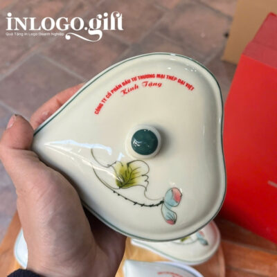 Khay mứt in logo 5 món dáng tim họa tiết vẽ tay hoa sen KM-01