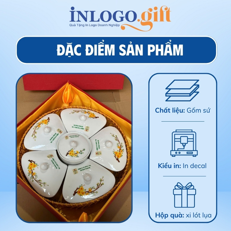 Khay mứt in logo 6 món dáng hoa 5 cánh họa tiết vẽ tay hoa mai KM-03