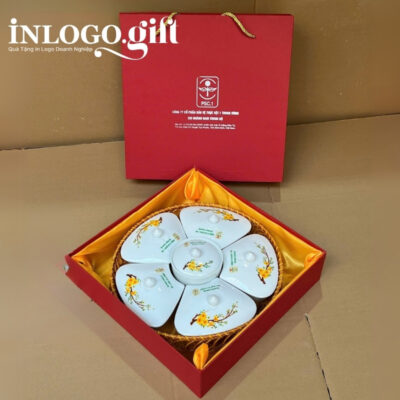 Khay mứt in logo 6 món dáng hoa 5 cánh họa tiết vẽ tay hoa mai KM-03