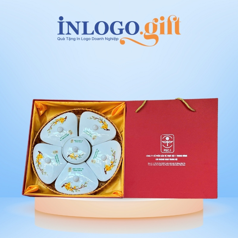 Khay mứt in logo 6 món dáng hoa 5 cánh họa tiết vẽ tay hoa mai KM-03