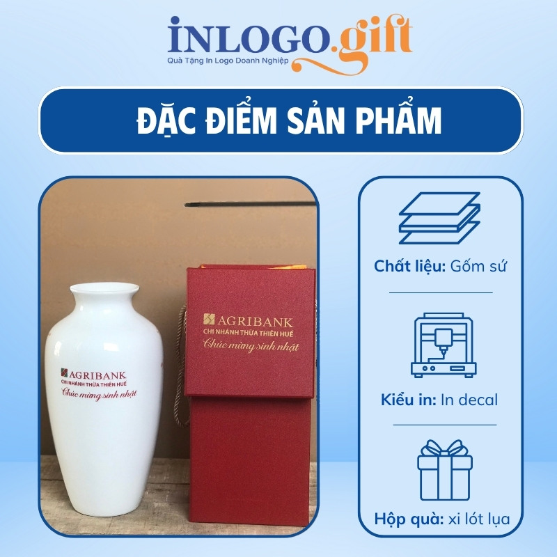 Lọ hoa in logo dáng béo màu trắng họa tiết hoa đào và chim nâu 29cm LH-04
