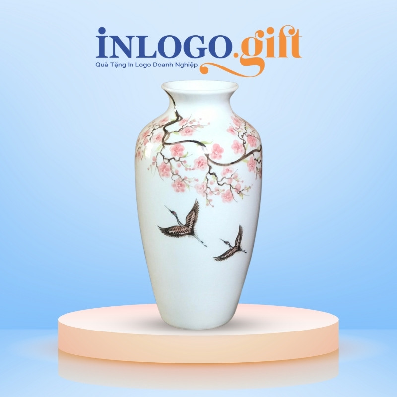 Lọ hoa in logo dáng béo màu trắng họa tiết hoa đào và chim nâu 29cm LH-04