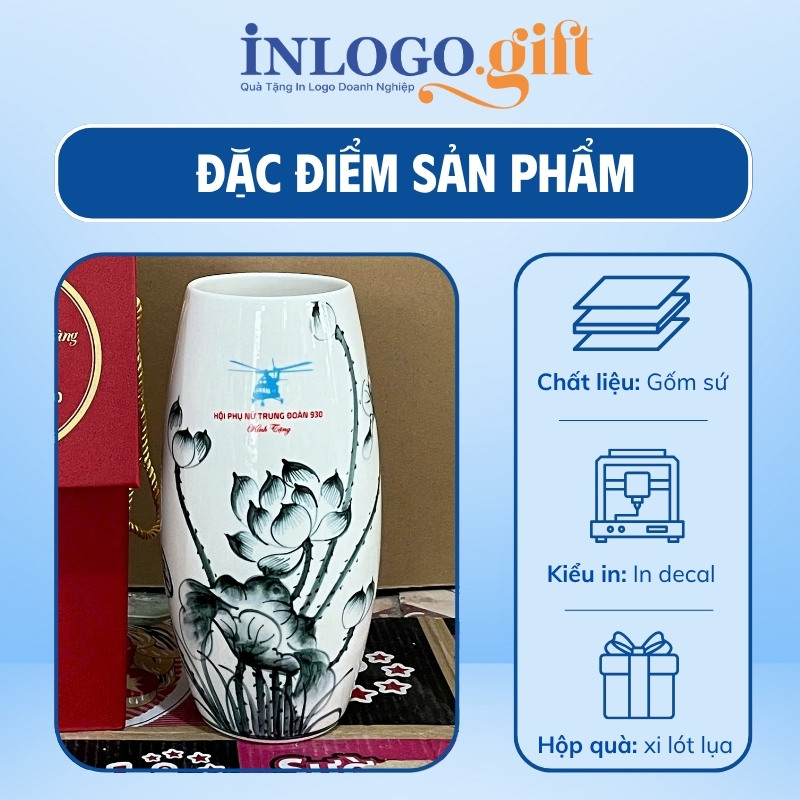 Lọ hoa in logo dáng bom màu trắng họa tiết hoa sen đen 32cm LH-02