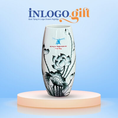 Lọ hoa in logo dáng bom màu trắng họa tiết hoa sen đen 32cm LH-02