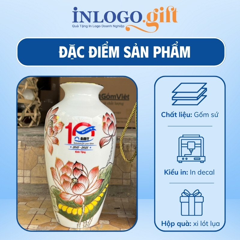 Lọ hoa in logo màu trắng họa tiết vẽ tay hoa sen đỏ 29cm LH-03