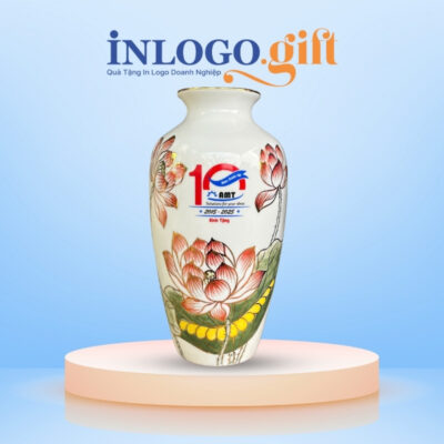 Lọ hoa in logo màu trắng họa tiết vẽ tay hoa sen đỏ 29cm LH-03