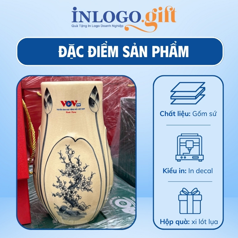 Lọ hoa in logo màu vàng hanh họa tiết hoa mai đen 27cm LH-01