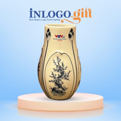 Lọ hoa in logo màu vàng hanh họa tiết hoa mai đen 27cm LH-01