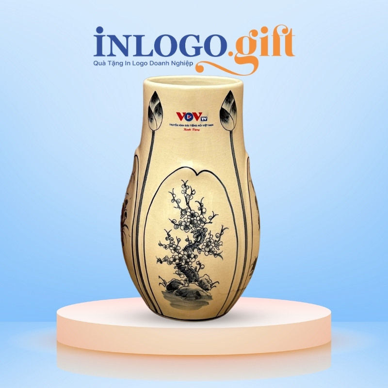 Lọ hoa in logo màu vàng hanh họa tiết hoa mai đen 27cm LH-01
