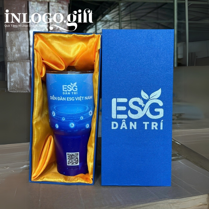 Ly giữ nhiệt in logo màu xanh dương dung tích 900ml