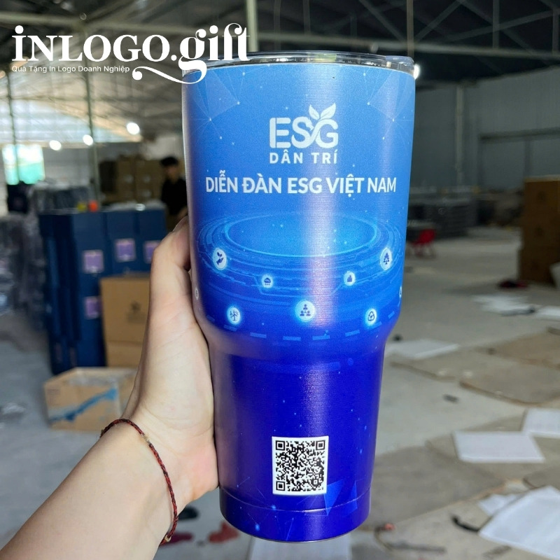Ly giữ nhiệt in logo màu xanh dương dung tích 900ml
