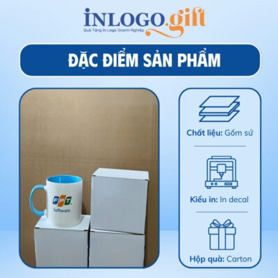 Ly sứ Bát Tràng in logo 2 màu xanh dương và trắng dáng trụ quai C 350ml