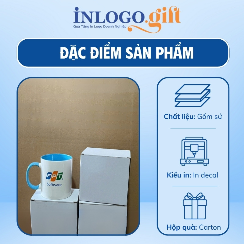 Ly sứ Bát Tràng in logo 2 màu xanh dương và trắng dáng trụ quai C 350ml
