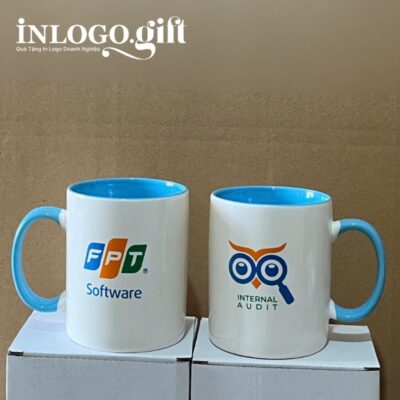 Ly sứ Bát Tràng in logo 2 màu xanh dương và trắng dáng trụ quai C 350ml
