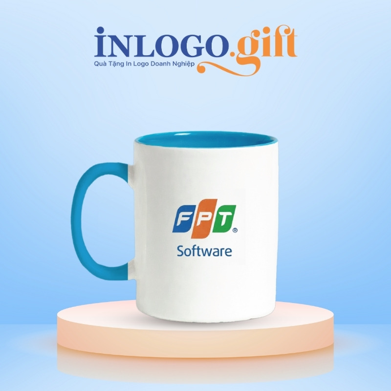 Ly sứ Bát Tràng in logo 2 màu xanh dương và trắng dáng trụ quai C 350ml
