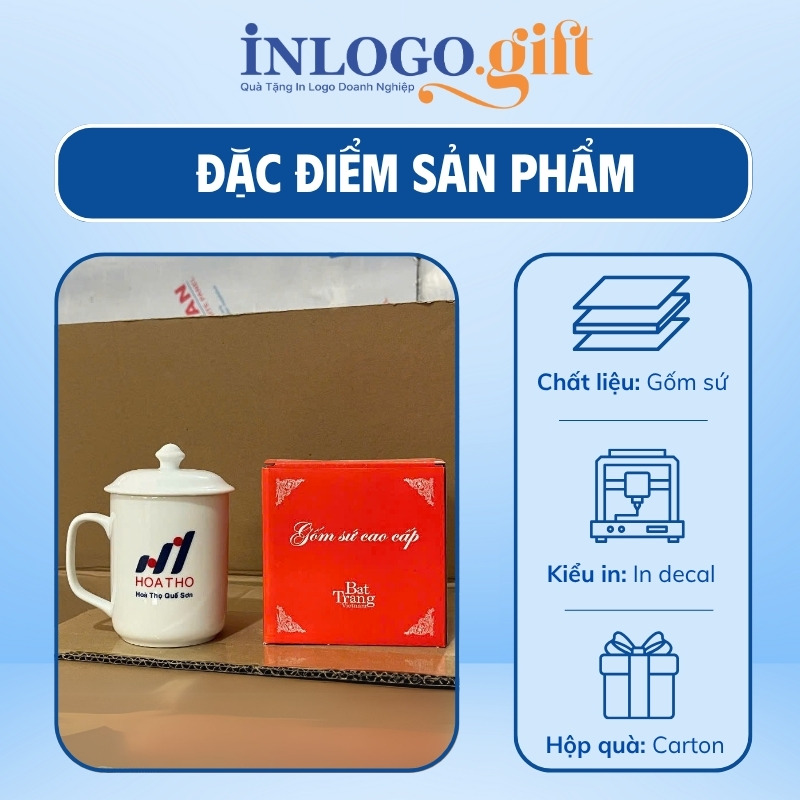Ly sứ Bát Tràng in logo có nắp dáng trụ quai vuông 350ml