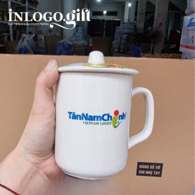 Ly sứ Bát Tràng in logo họa tiết vẽ tay hoa hướng dương có nắp 350ml