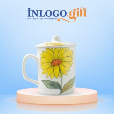 Ly sứ Bát Tràng in logo họa tiết vẽ tay hoa hướng dương có nắp 350ml