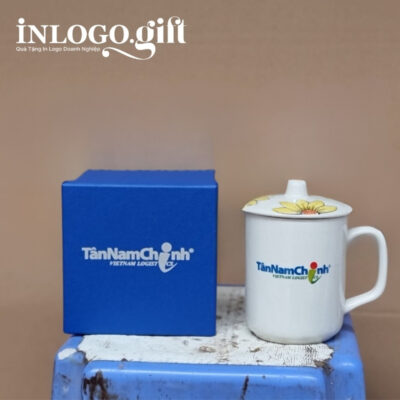 Ly sứ Bát Tràng in logo họa tiết vẽ tay hoa hướng dương có nắp 350ml
