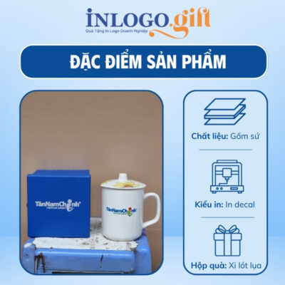 Ly sứ Bát Tràng in logo 2 màu xanh dương và trắng dáng trụ quai C 350ml
