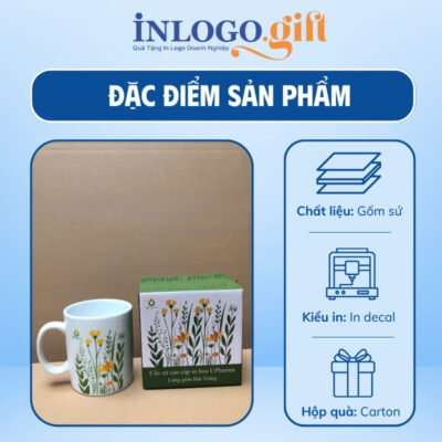 Ly sứ Bát Tràng in logo họa tiết vẽ tay hoa lá dáng trụ quai C 350ml