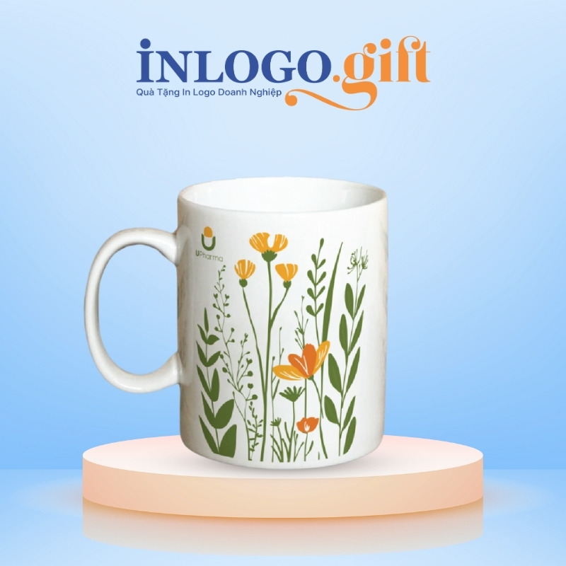 Ly sứ Bát Tràng in logo họa tiết vẽ tay hoa lá dáng trụ quai C 350ml