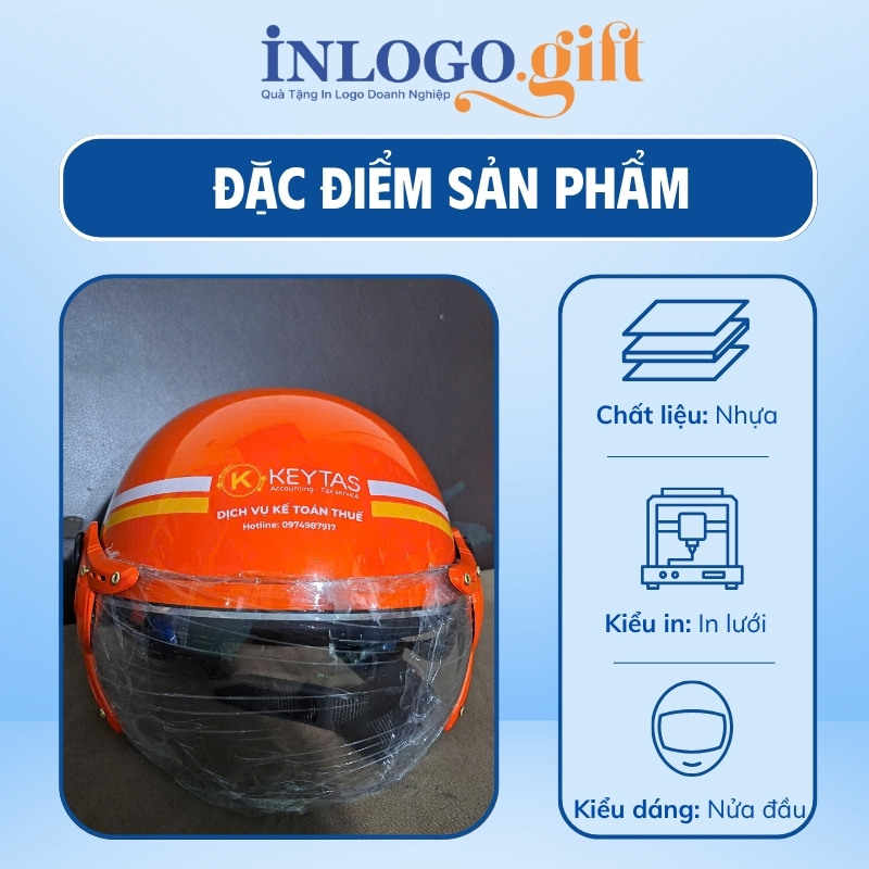 Mũ bảo hiểm in logo nửa đầu có kính sơn bóng màu cam MBH-03