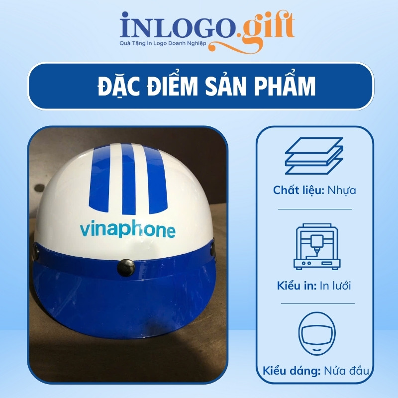 Mũ bảo hiểm in logo nửa đầu không kính sơn bóng màu xanh dương MBH-04