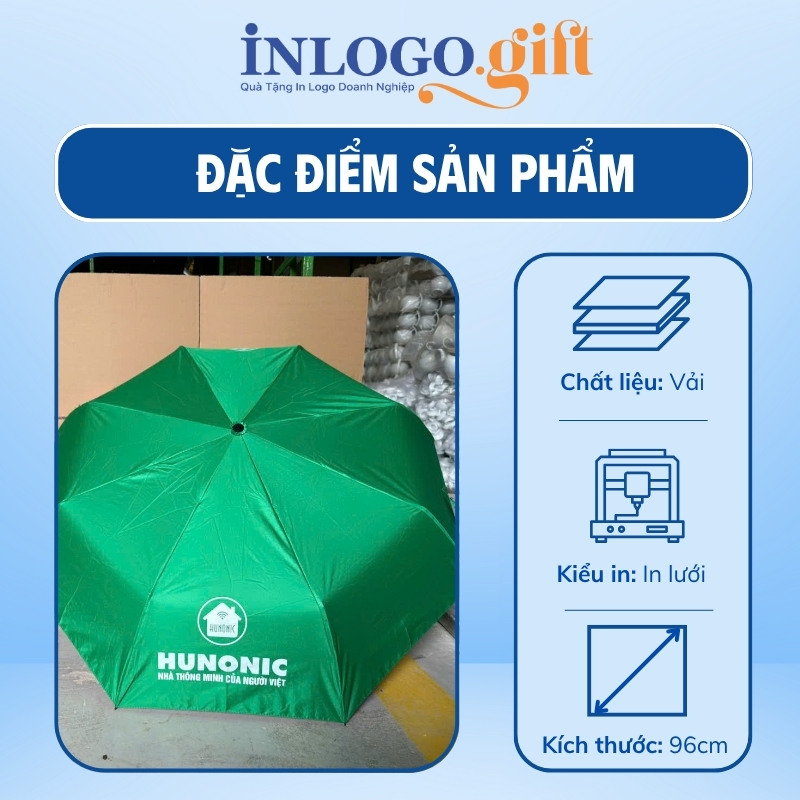 Ô dù in logo gấp 3 tự đẩy nút bấm nhựa vải pongee tráng keo đen màu xanh lá 96cm OD-03