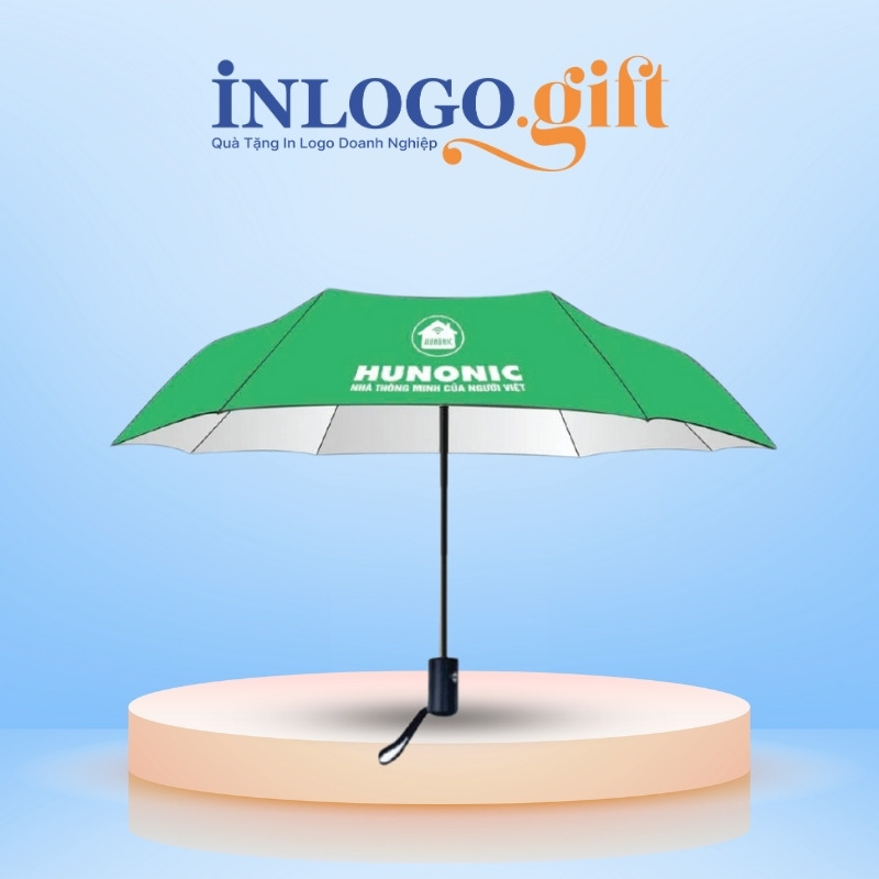 Ô dù in logo gấp 3 tự đẩy nút bấm nhựa vải pongee tráng keo đen màu xanh lá 96cm OD-03